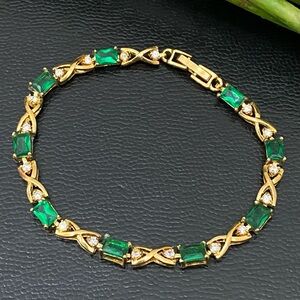 Unsigned Gold-tone Emerald Green & Clear CZ Stone 7.5” Tennis Bracelet 8.7g